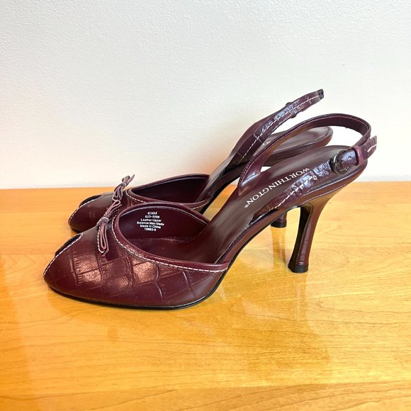 Worthington Size 6.5 Burgundy Mahogany‎ Red Croc Alligator Peep Toe Heels Shoes - Picture 5 of 13